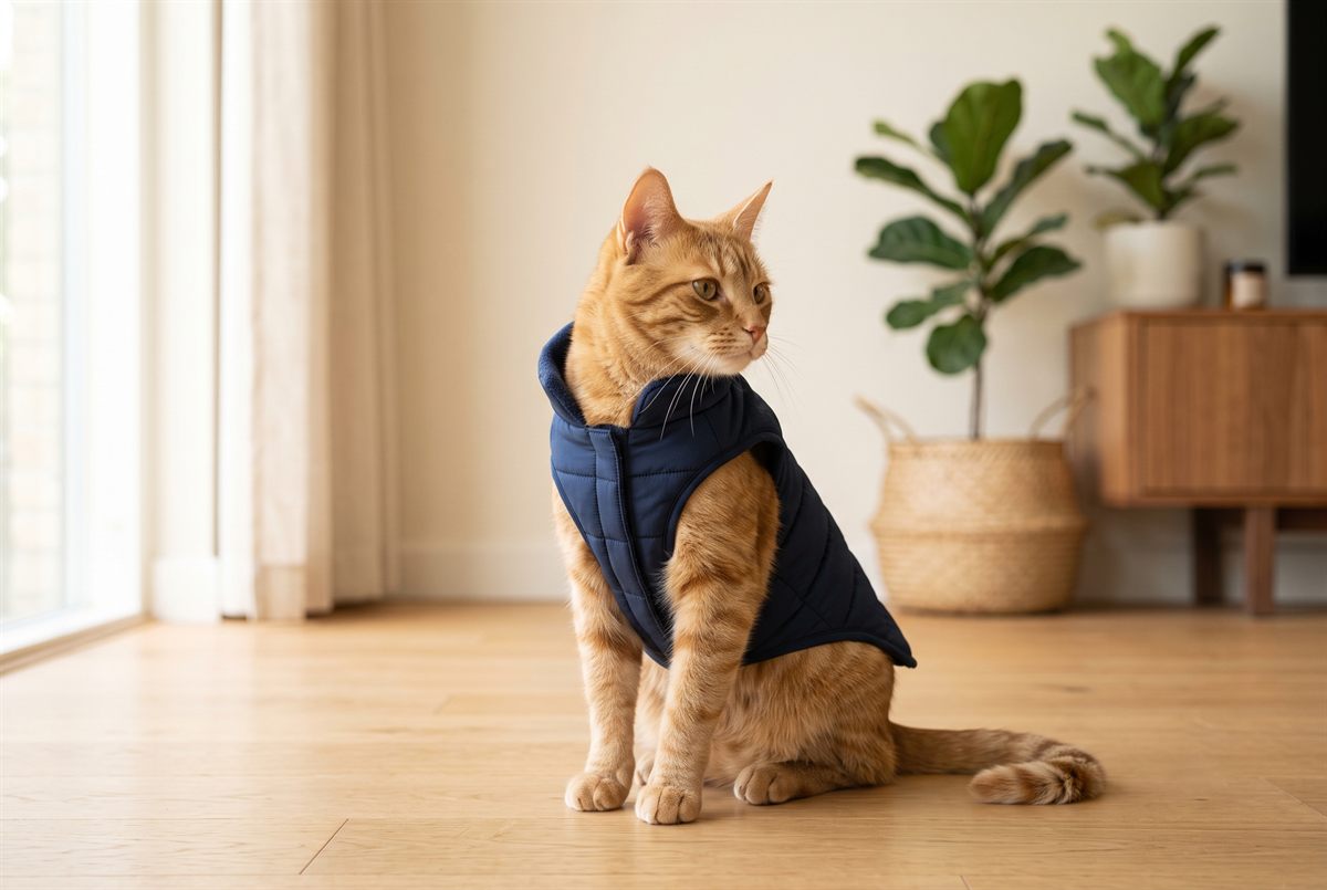 Ginger tabby cat wearing a navy quilted vest, sitting on a wood floor at home in natural light