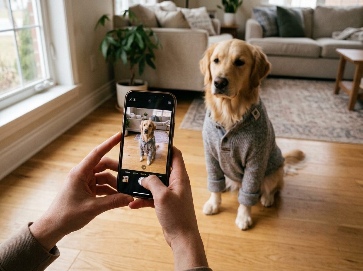 A person photographing their Golden Retriever wearing a Pet3D-fitted sweater with a smartphone at home