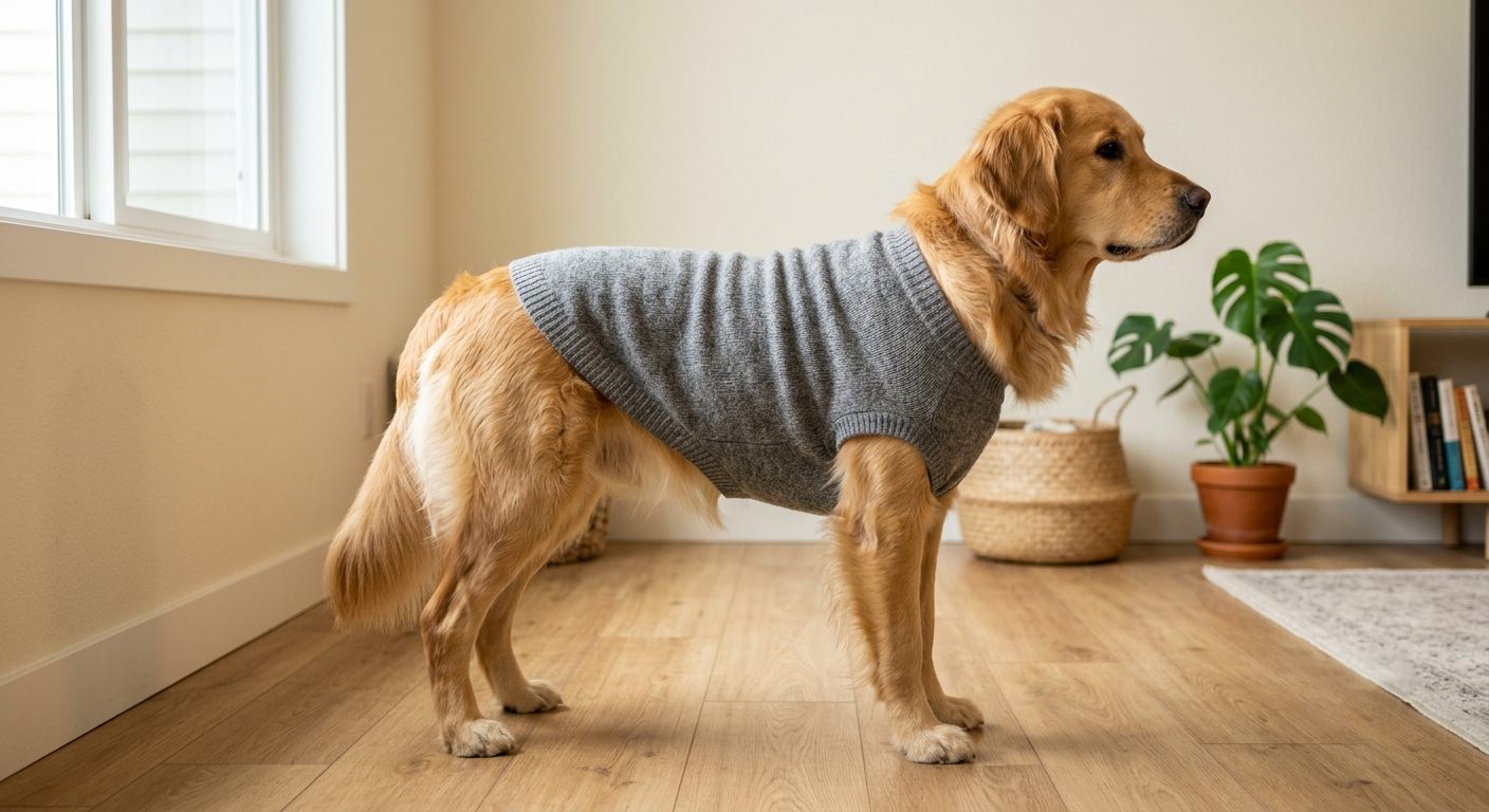 Golden retriever wearing a Pet3D-sized sweater, photographed at home in natural light